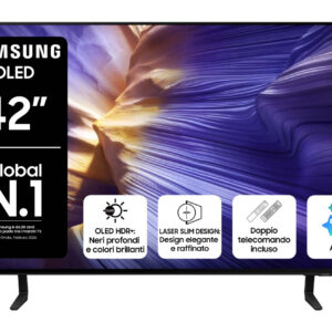 Samsung S90F OLED AI TV 42″ QE42S90FAEXZT 4K, Processore NQ4 AI Gen3, 4K AI Upscaling Pro, Schermo antiriflesso, OLED HDR, Dolby Atmos & OTS Lite, Laser Slim Design, Vision AI Smart TV, 2025