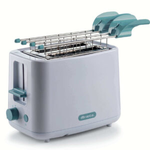 Ariete 157 Tostapane Breakfast, 760W, Capacità 2 fette di pane, Pinze in acciaio inox, 7 livelli di doratura, Pulsante stop, Tocco freddo, White & Aegean Teal