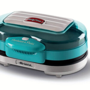 Ariete 205 Hamburger Maker Party Time, Macchina per fare hamburger, 1200 W, Doppie piastre antiaderenti, 2 scomparti, Facile da pulire, Celeste